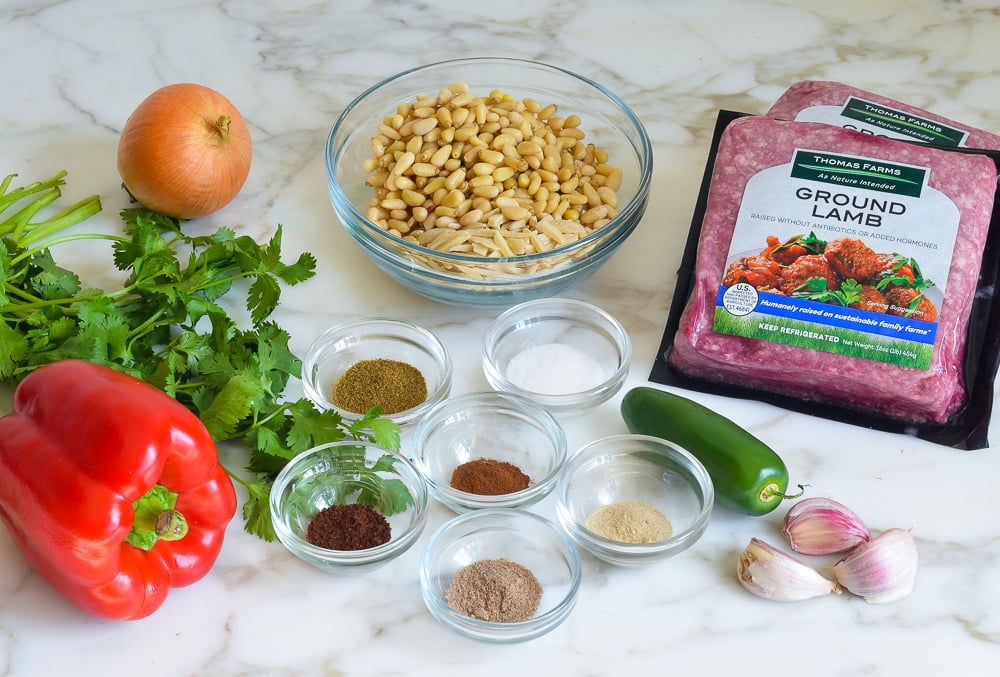 Kofta ingredients including ground lamb, peppers, and onion.