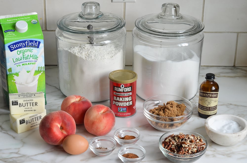 Cake ingredients including baking powder, milk, and sugar.