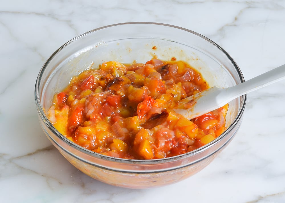 Bowl of mashed sugar and roasted vegetables.
