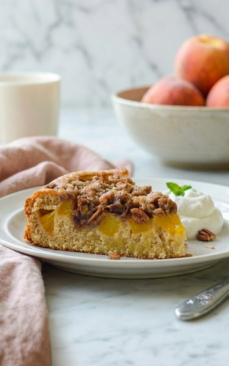 Peach cake on plate with bowl of peaches and coffee mug in background.