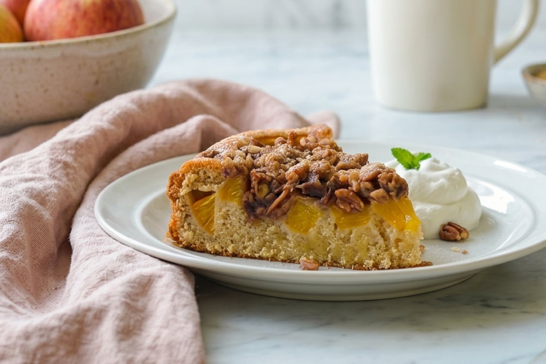 Slice pf peach cake on plate with whipped cream.