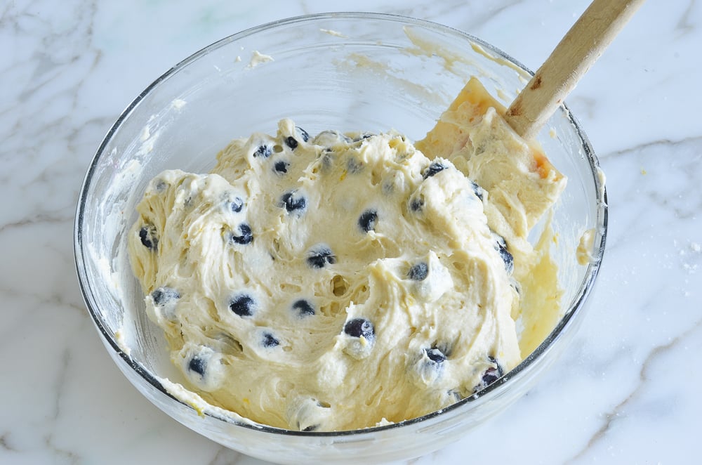 Bowl of blueberry coffee cake batter.