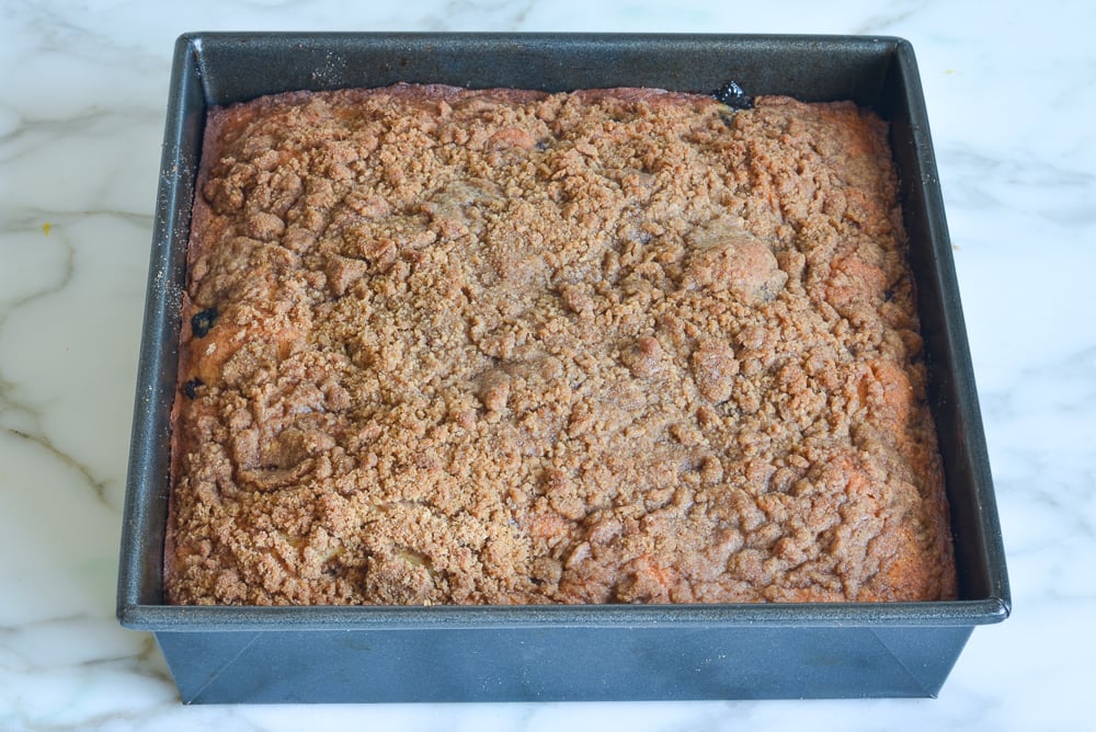 Blueberry coffee cake in a baking pan.