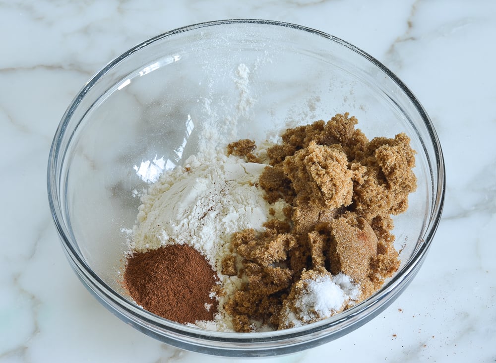 Bowl of unmixed dry ingredients.
