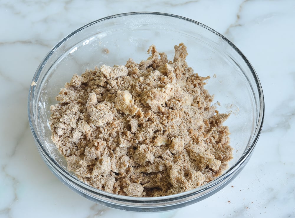 Bowl of crumbly butter mixture.