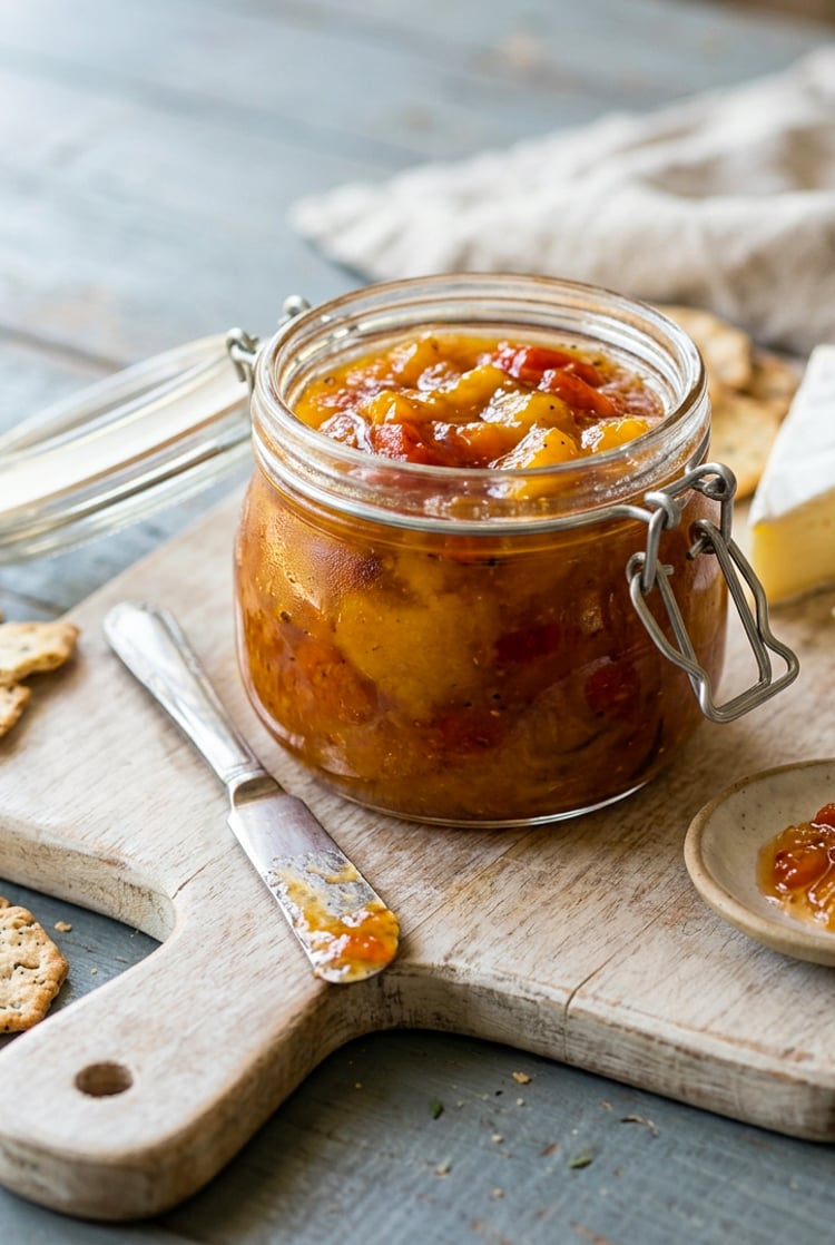 Jar of roasted tomato peach jam on cutting board with wedges of cheese.
