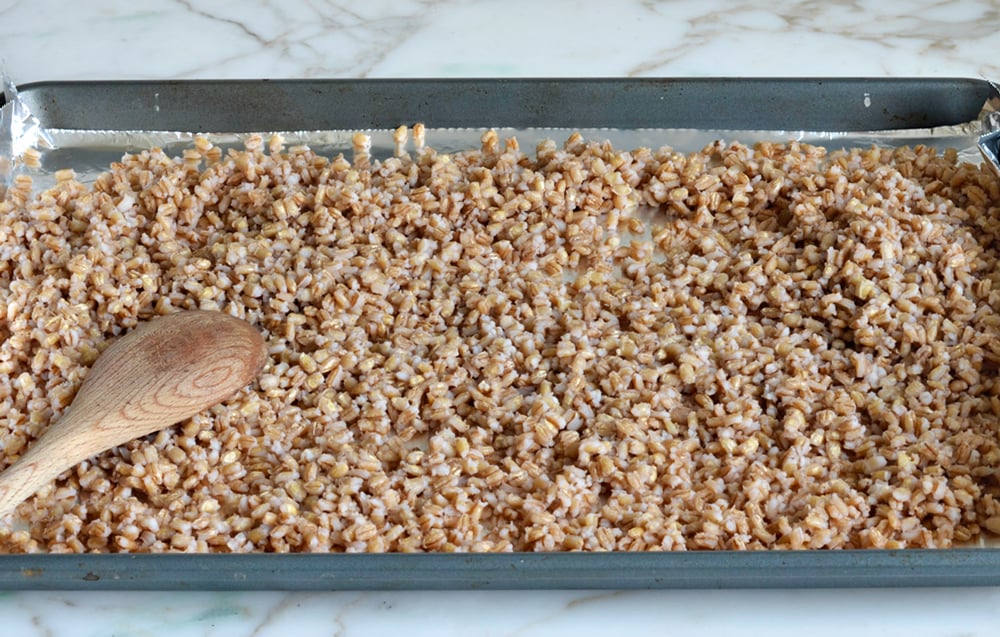 Barley on a lined baking sheet.