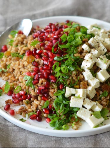 Plate of Egyptian barley salad with pomegranate vinaigrette.