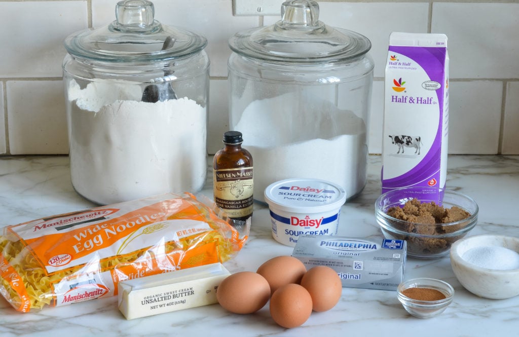 Noodle kugel ingredients including sour cream, cream cheese, and vanilla.