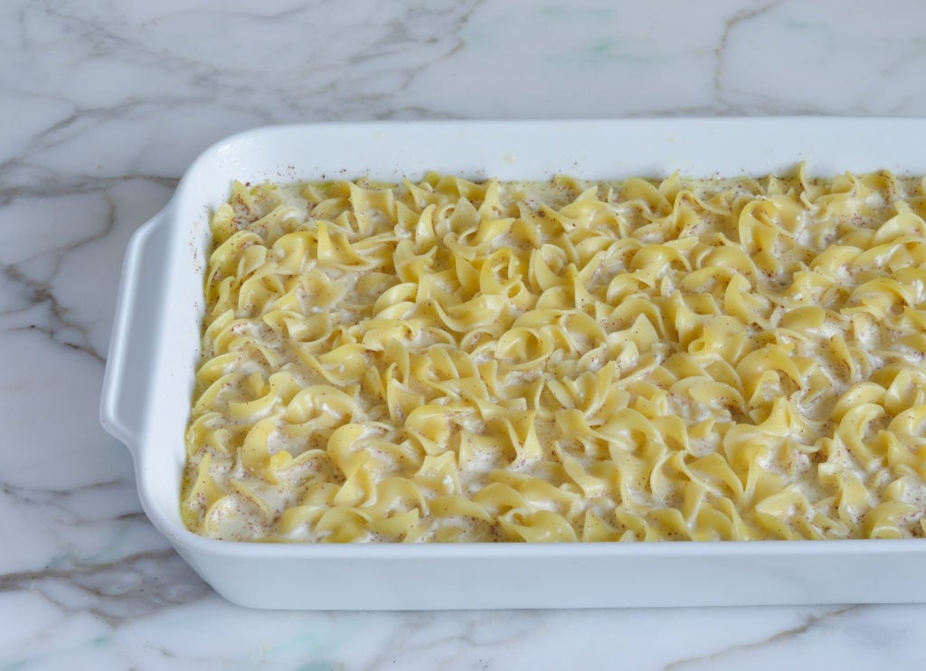 Noodles in set custard.