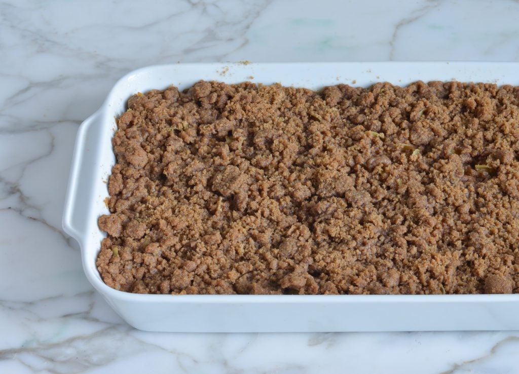 Noodle kugel in a baking dish.