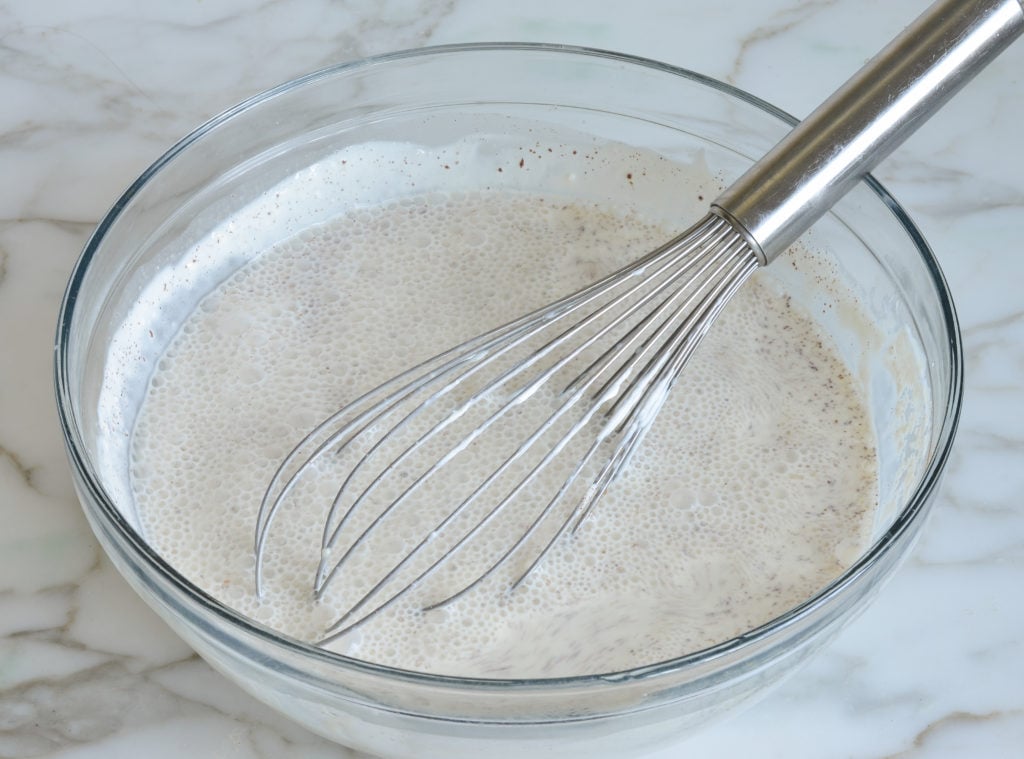 Whisk in a bowl of wet ingredients.