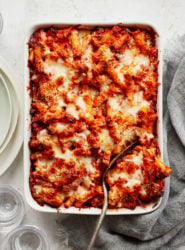 baked ziti in baking dish.