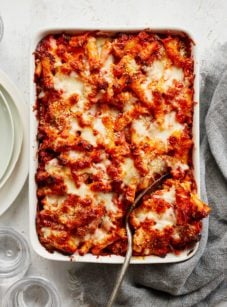 baked ziti in baking dish.