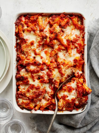 baked ziti in baking dish.