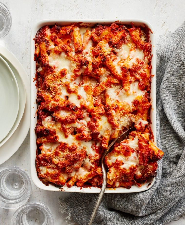 baked ziti in baking dish.