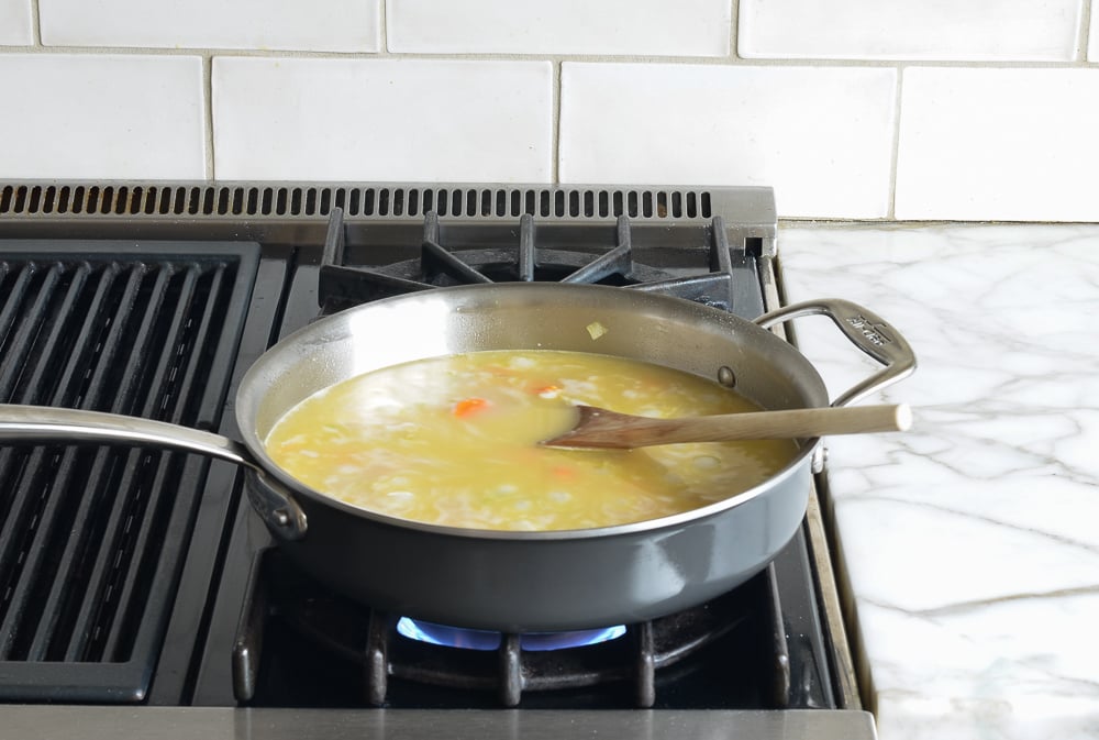 Broth in a skillet.