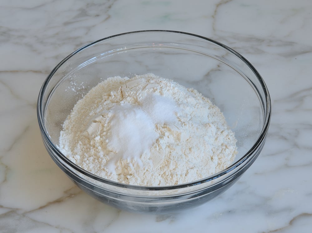 Bowl of unmixed dry ingredients.