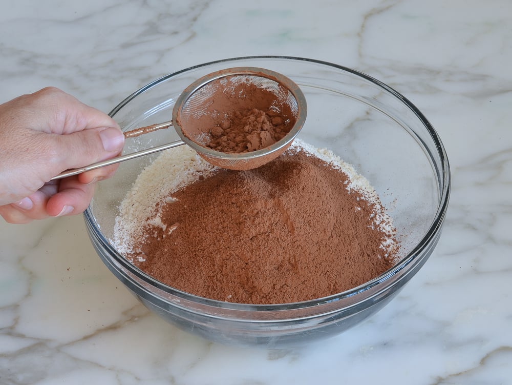 Sieve sprinkling cocoa powder into a bowl of dry ingredients.