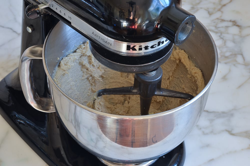 Butter and sugar mixture in a stand mixer.