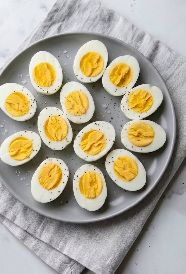Halved hard-boiled eggs arranged on gray platter.