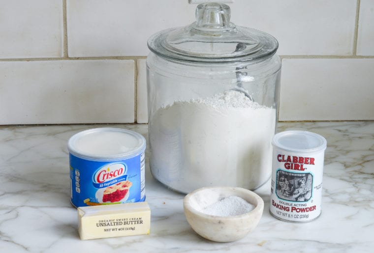 Pie crust ingredients including Crisco, baking powder, and butter.