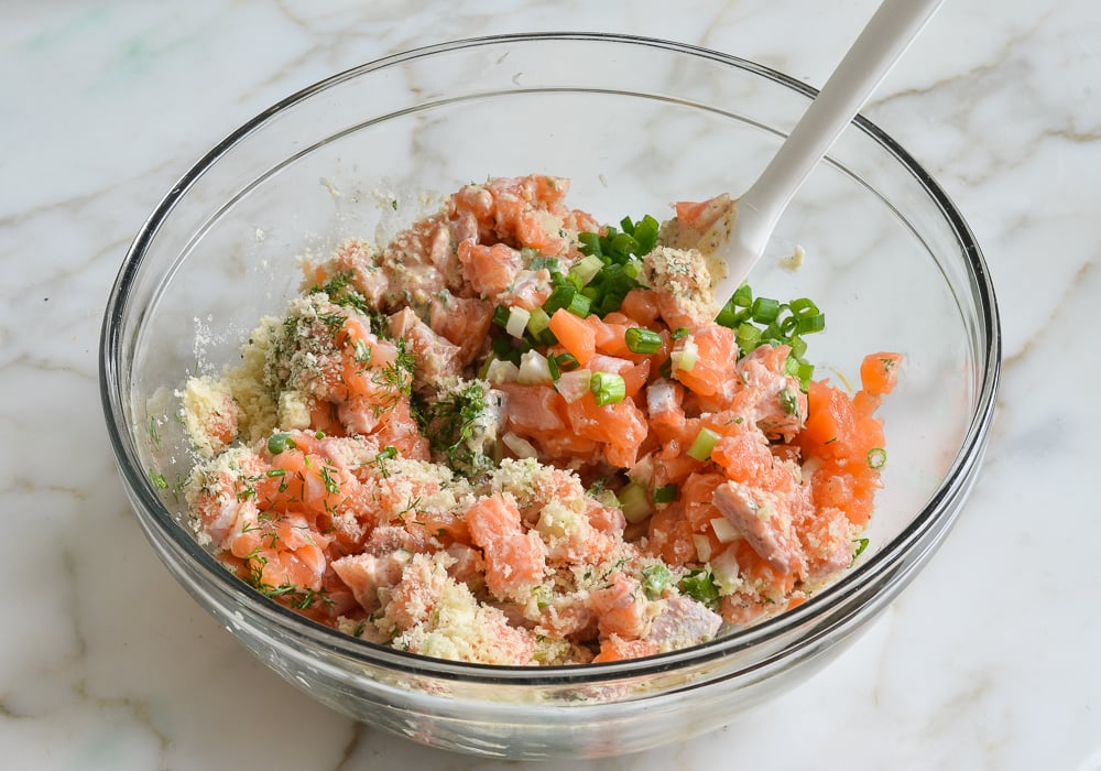 mixing ingredients for salmon cakes
