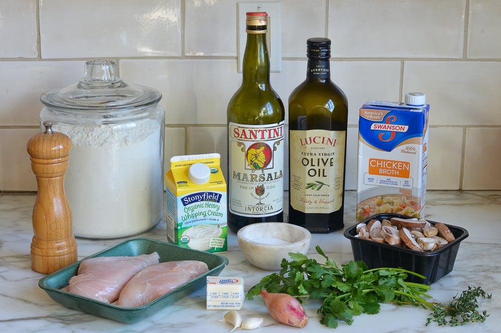 Marsala ingredients including mushrooms, heavy cream, and chicken broth.
