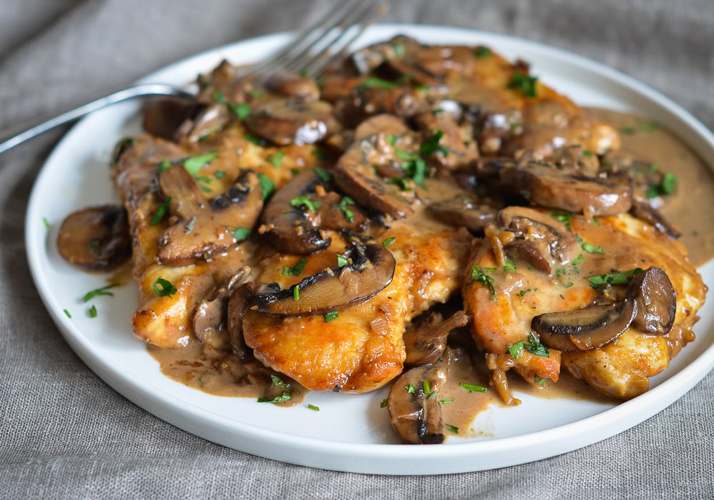Plate of chicken marsala.