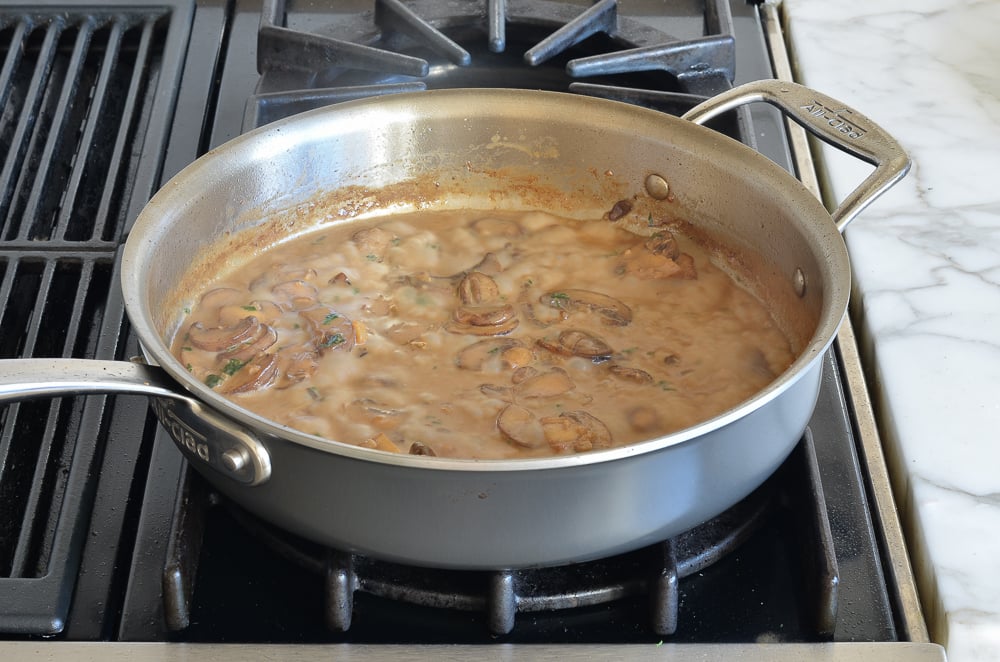 Skillet of creamy mushrooms.