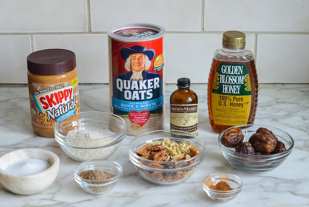 Energy bite ingredients including oats, peanut butter, and vanilla.