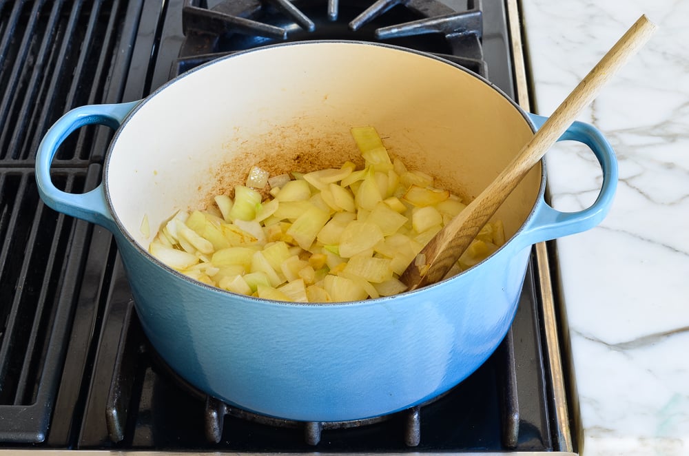 Dutch oven of softened onions.