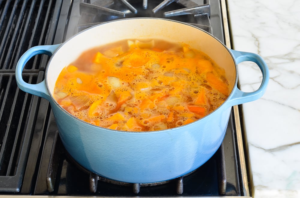 Simmering Dutch oven of soup.