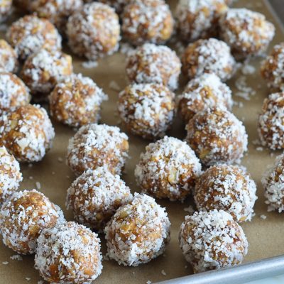 oat and nut energy bites on baking sheet