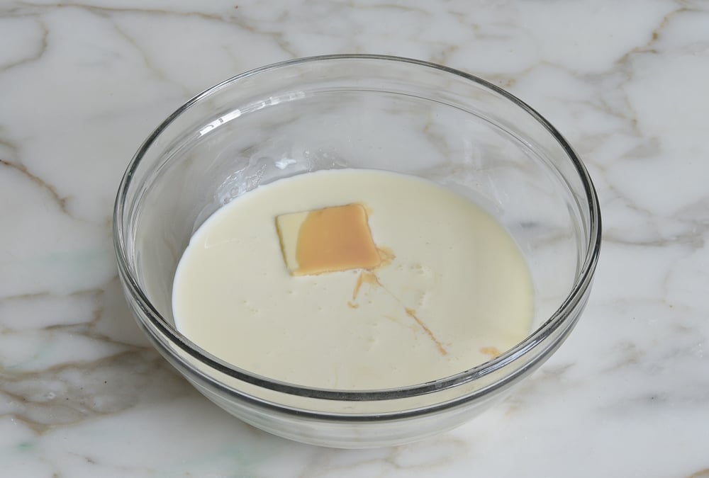 Bowl with heavy cream, Baileys, and more.