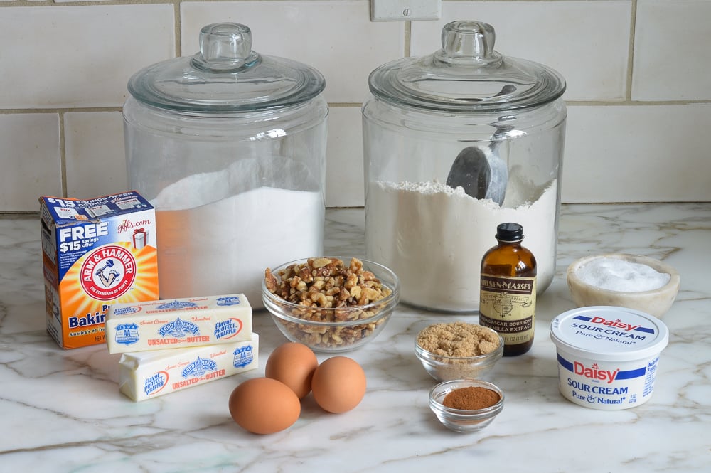 Coffee cake ingredients including vanilla, butter, and sour cream.