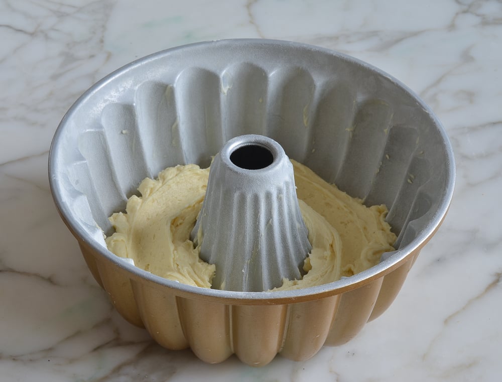 Bundt cake with sour cream coffee cake batter.