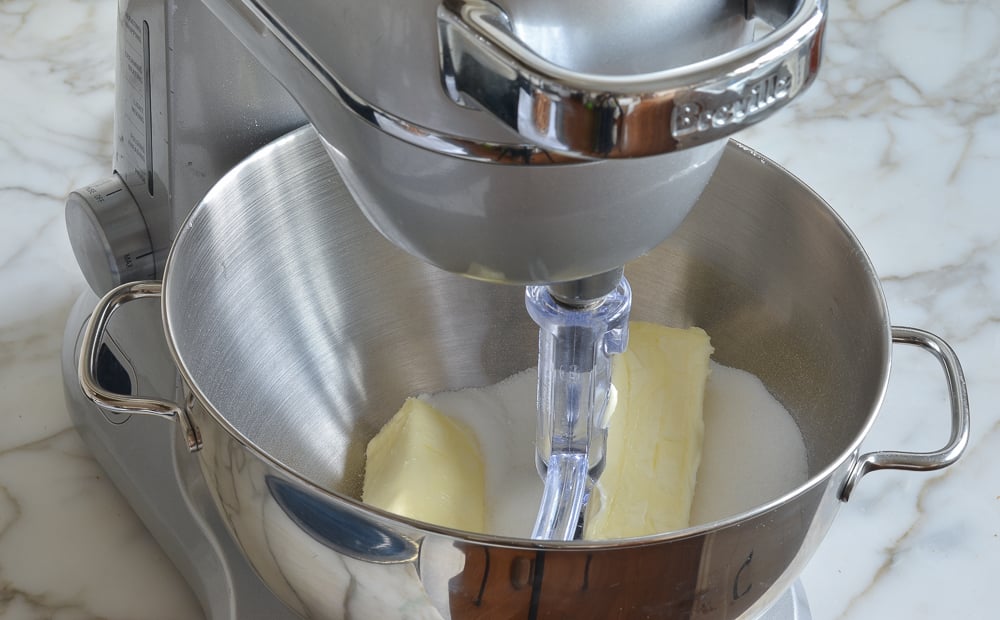 Sugar and butter in a stand mixer.