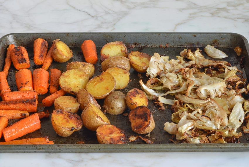 making corned beef and cabbage - bronzed vegetables fresh out of the oven