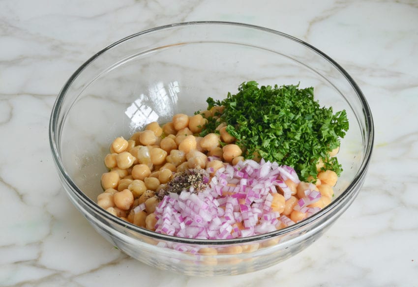 Unmixed chickpea salad ingredients.
