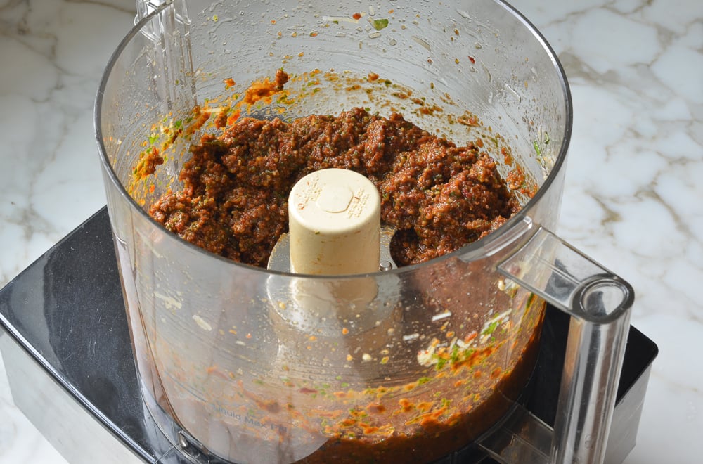 Sun-dried tomato pesto in a food processor.