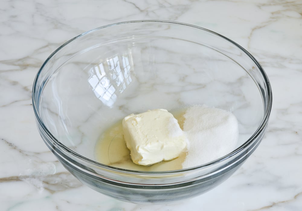 Bowl of cream cheese, sugar, and liqueur.