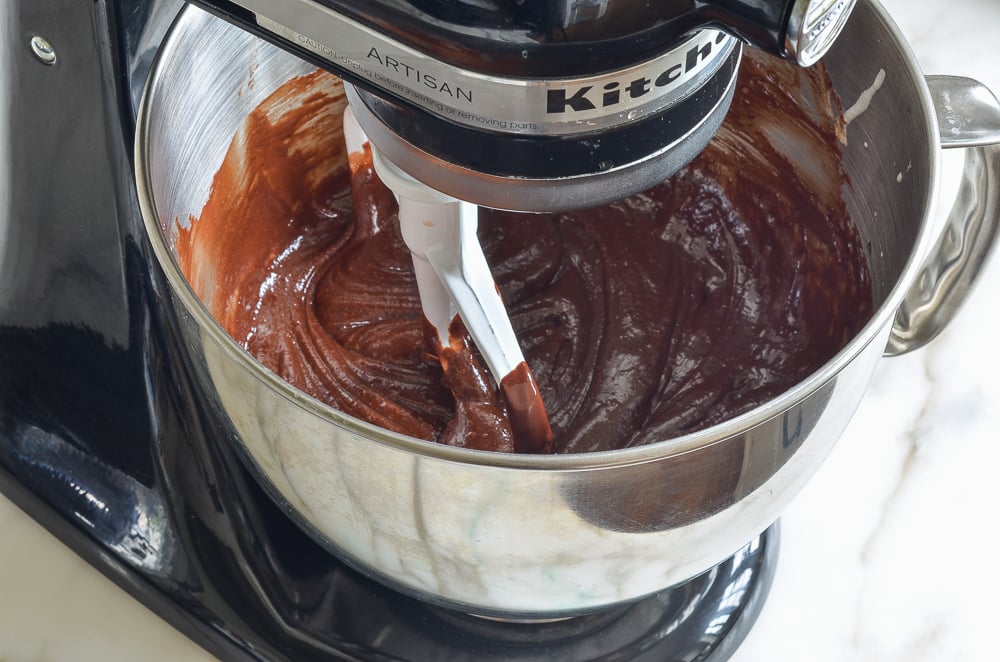 Brown batter in a stand mixer.