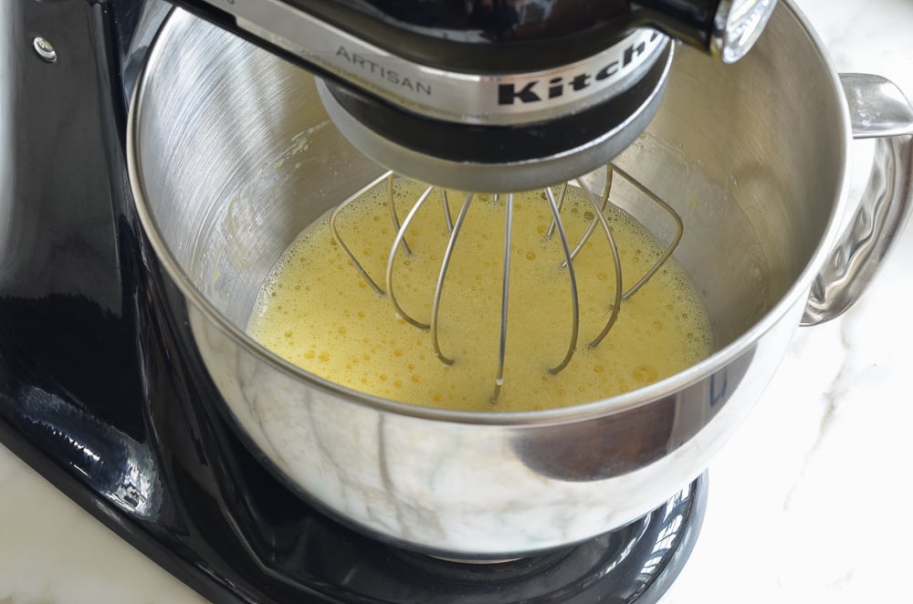 Stand mixer of lightly whisked eggs.