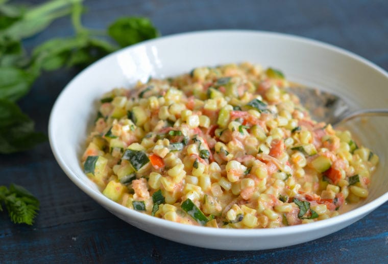 creamy corn, zucchini and tomatoes