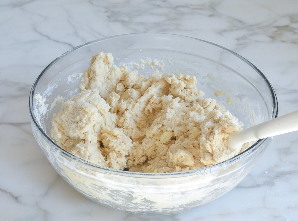 Spatula in a bowl of shortcake dough.
