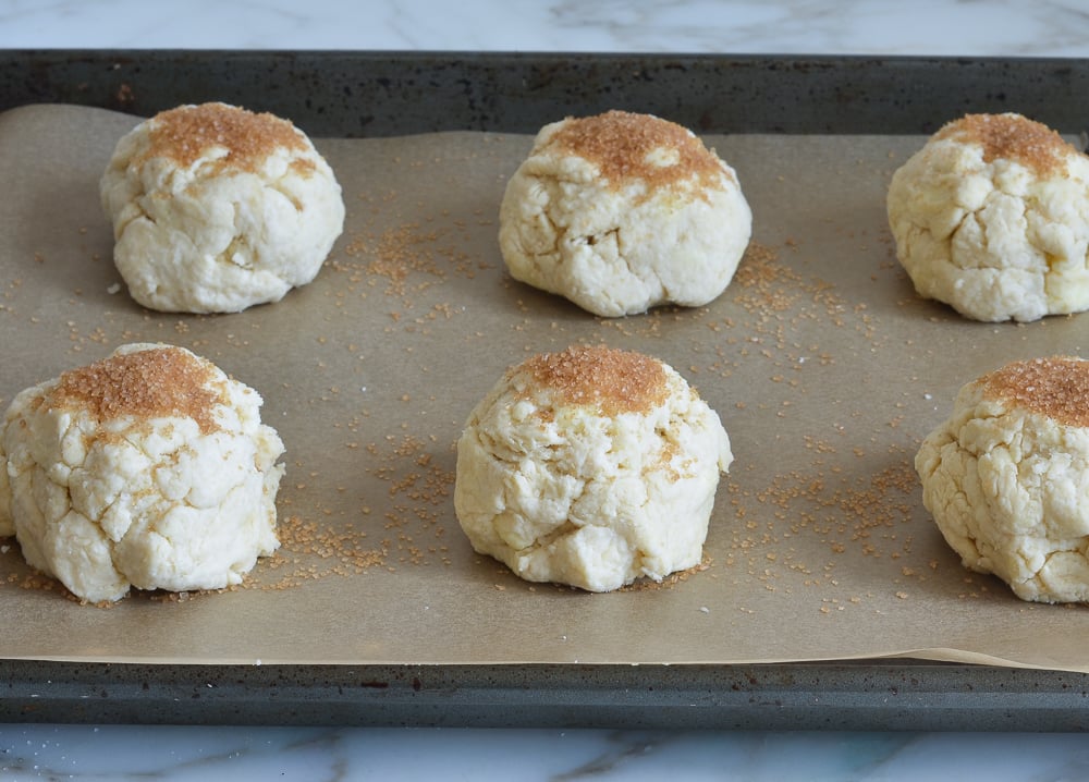 Shortcake dough topped with turbinado sugar.