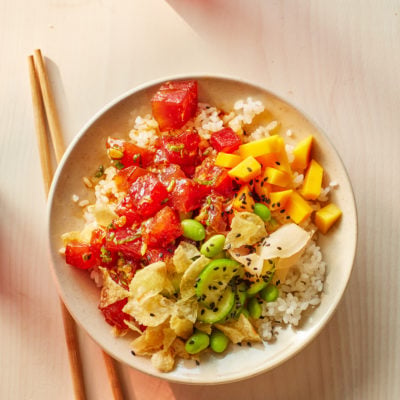 Colorful tuna poke bowl.