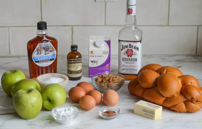 French Toast ingredients including egg, apples, and half and half.
