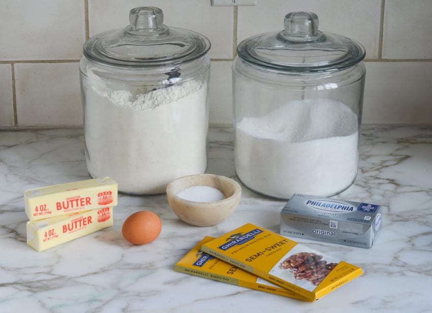 Rugelach ingredients including cream cheese, egg, and butter.
